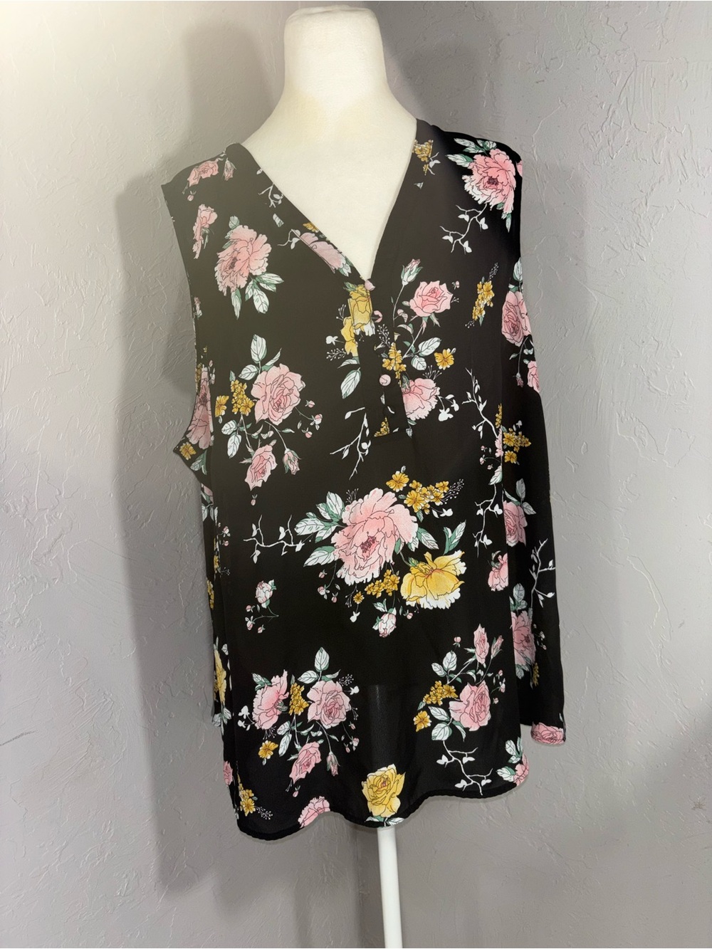 Maurices Black Floral V-Neck Sleeveless Blouse with Pink & Yellow Flowers